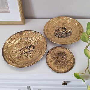 3 Vintage Brass horse dog Scene Wall Plate , sail boat , floral